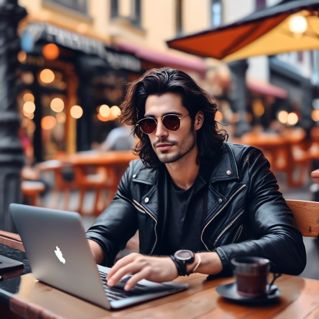 Relaxed Man Browsing at Shaded Coffee Shop