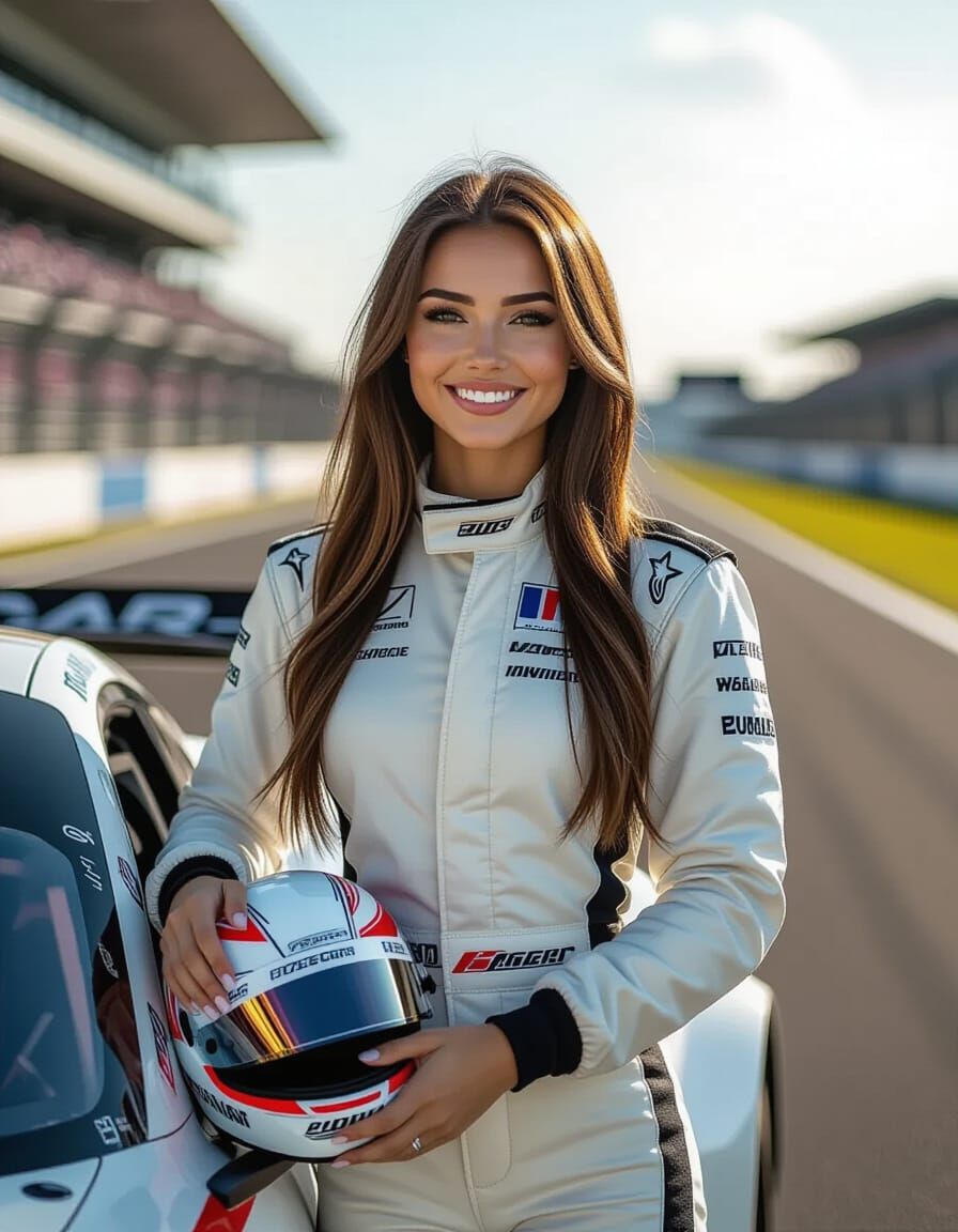 Russian Woman Racer in White Uniform Beside Car