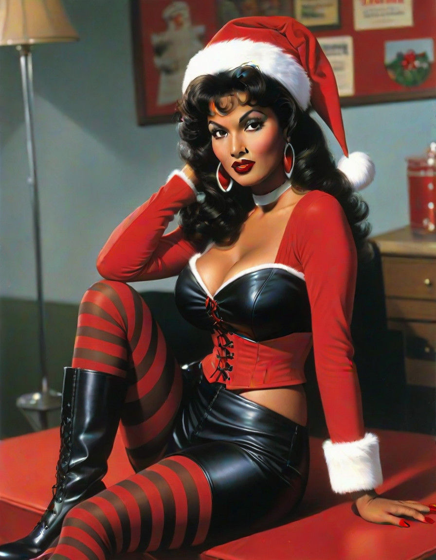 Vintage Pin-up Style Santa Helper in Red Corset and Boots