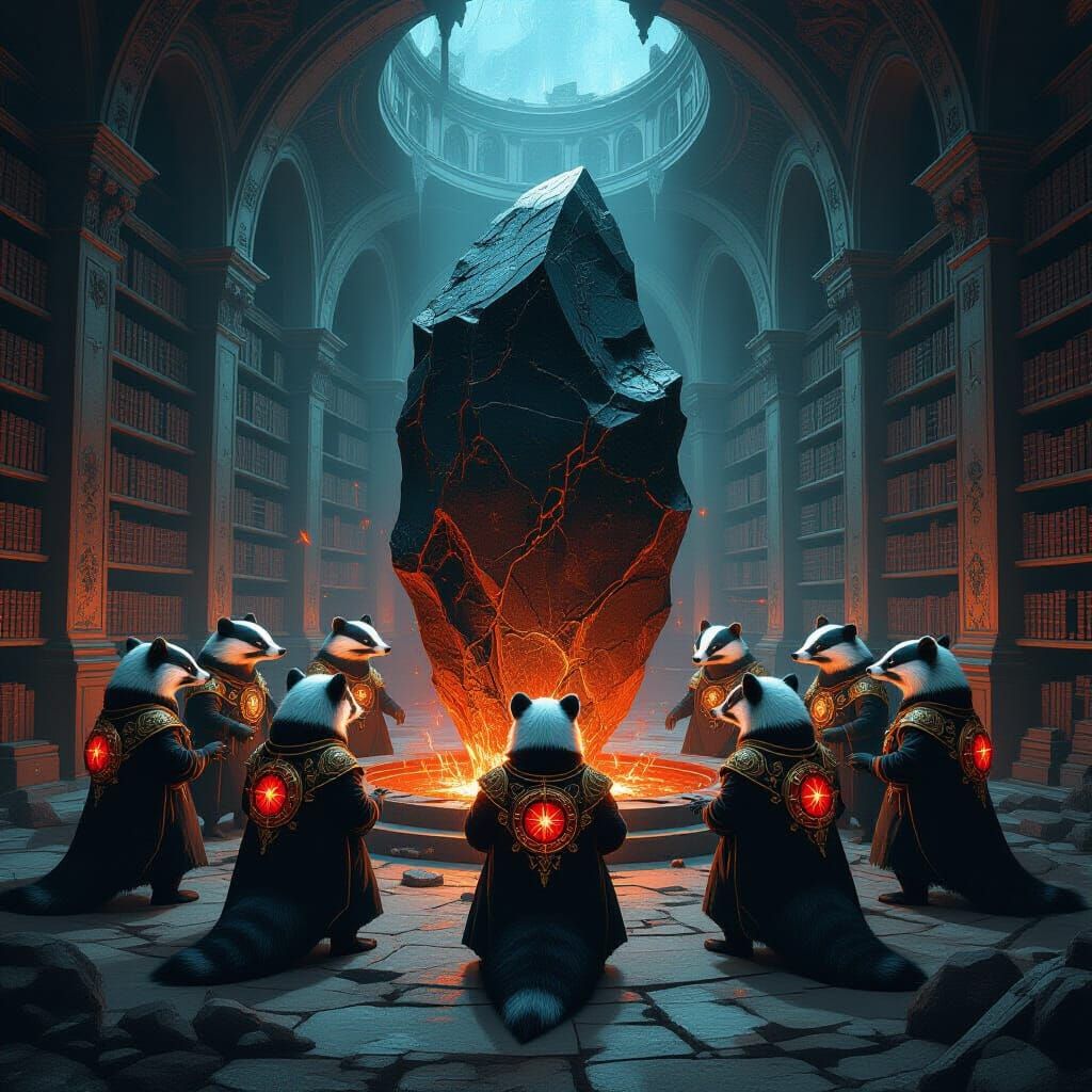 Clockwork Badgers Guarding Arcane Artifact in Dark Fantasy L...