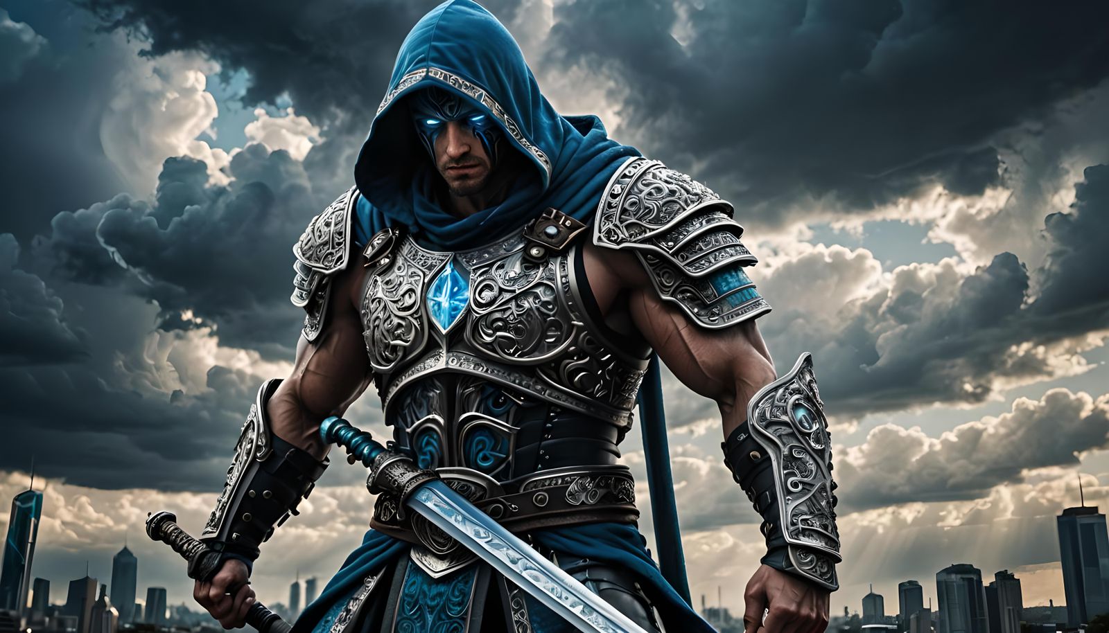 Hooded Cybernetic Warrior with Double Light Swords