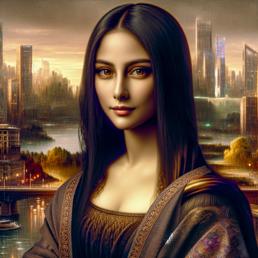 Modern Mona Lisa in a Bustling Cityscape
