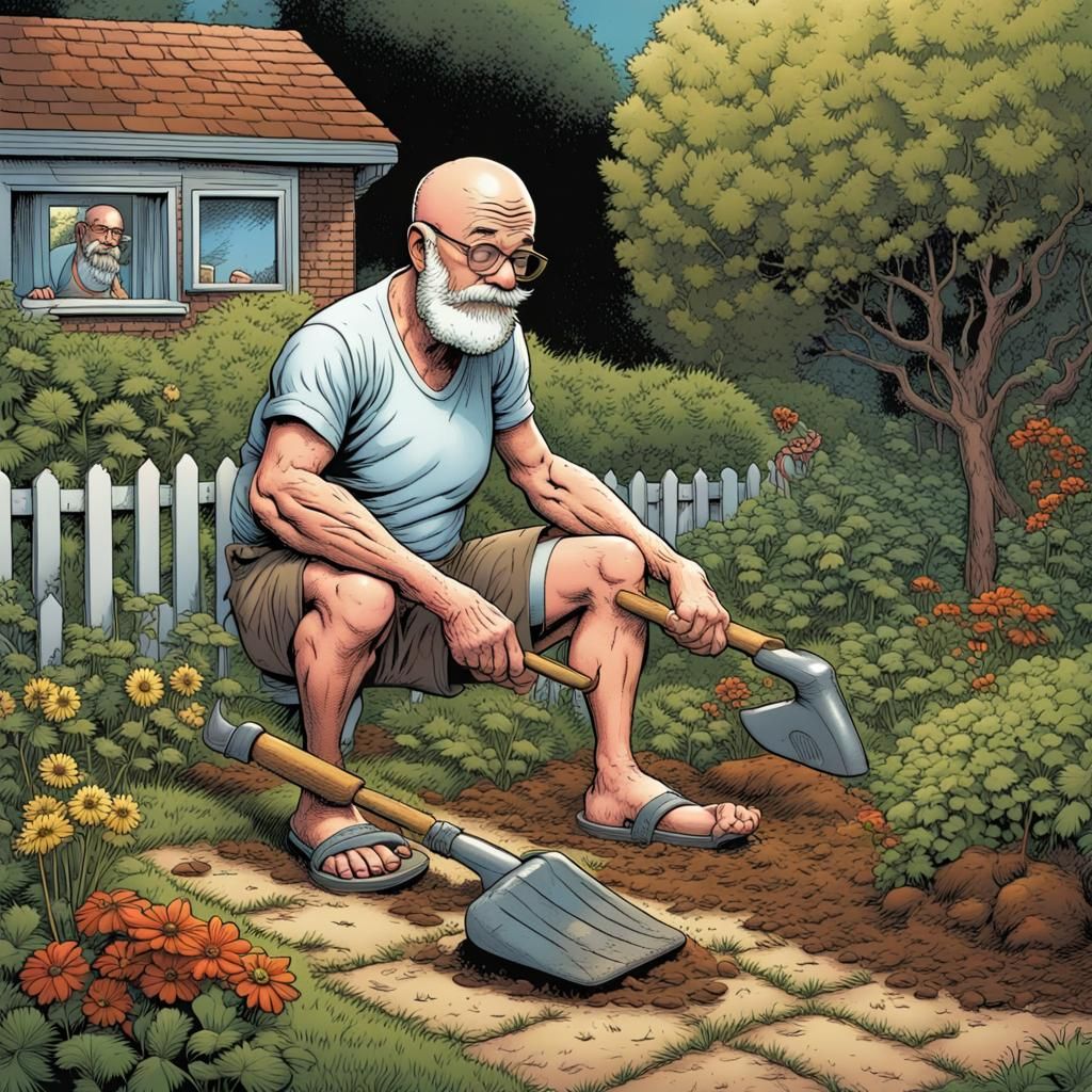 Man Digging in Garden, Comic Book Style Art