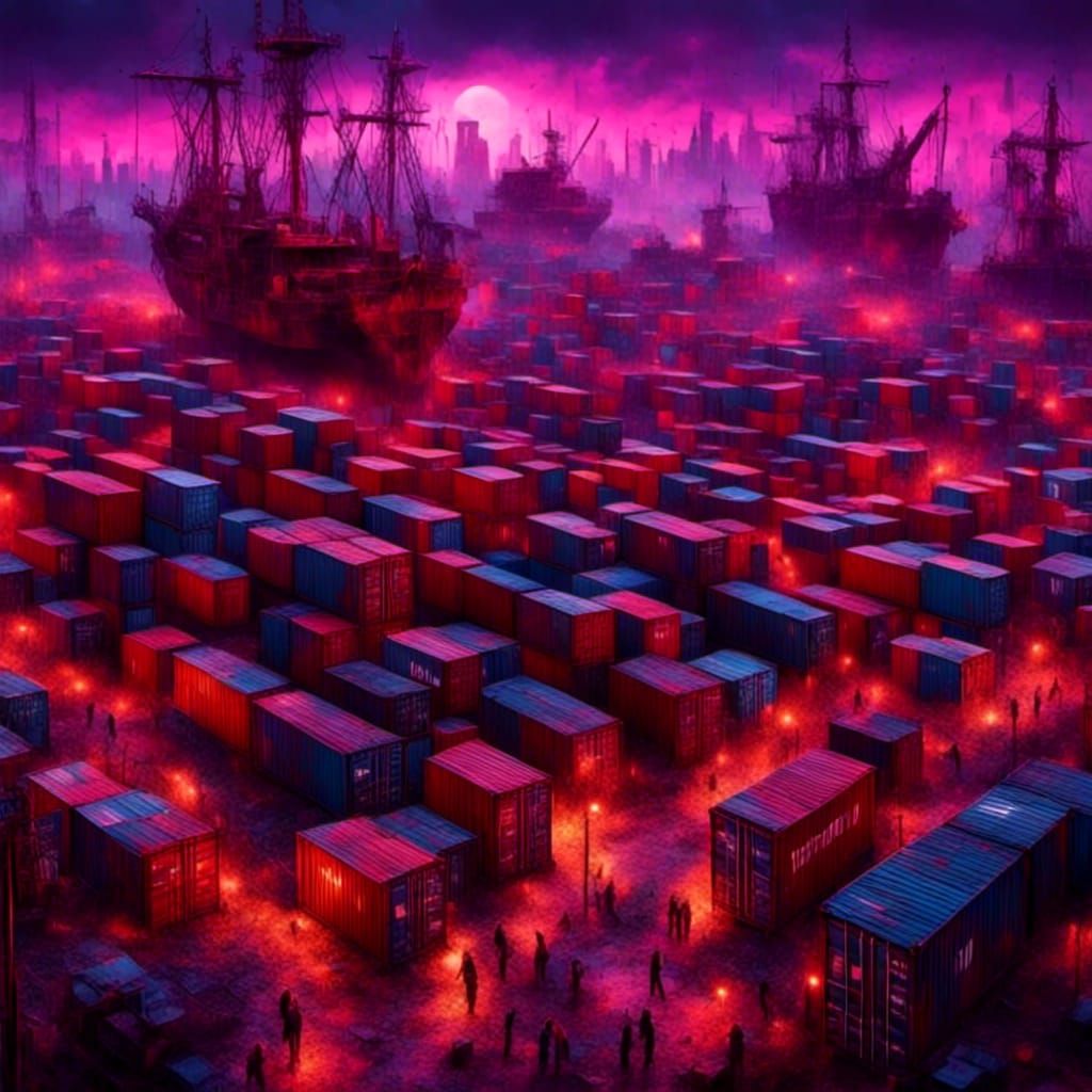 nightmare landscape ship yard with shipping containers, fenc...