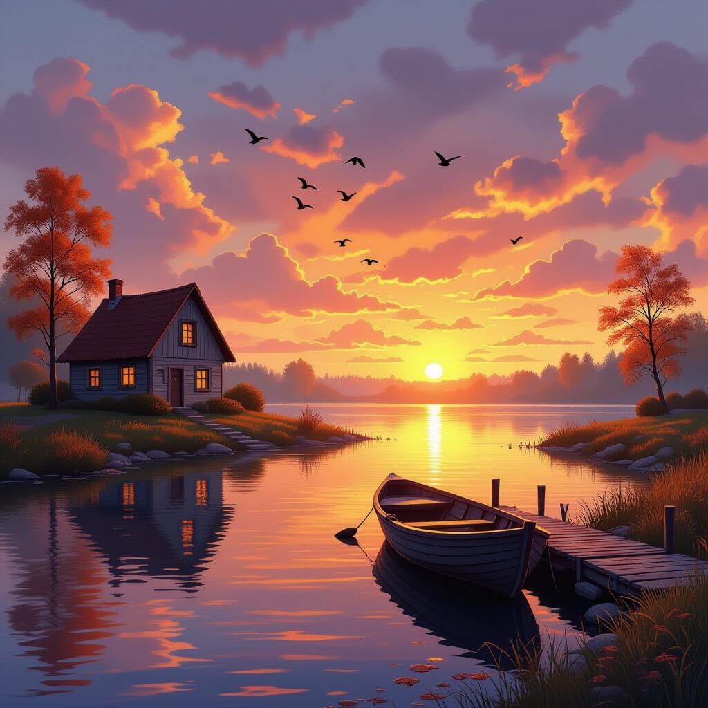 Dreamlike Autumn Sunset Cottage by Water
