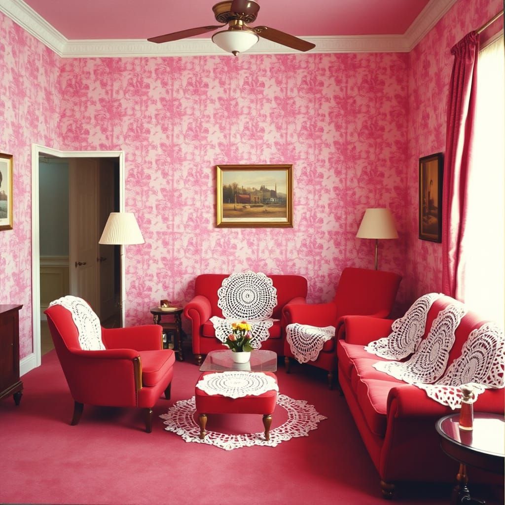 1950s Pink Living Room with Vintage Floral Wallpaper