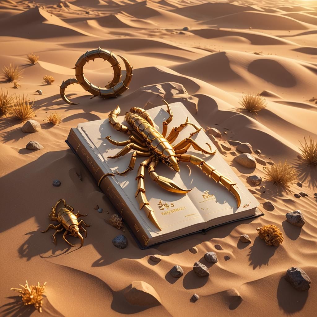 Golden Scorpion Book in Desert, 3D Anime Art