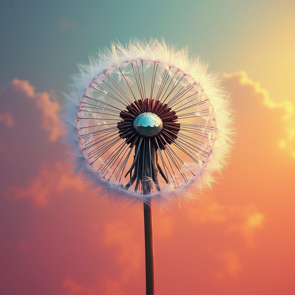 Futuristic Chrome Dandelion in Op-Art Pattern