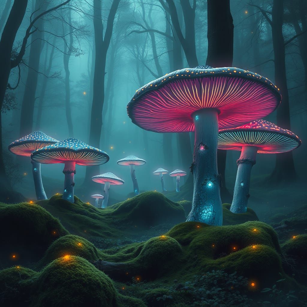 Surreal Forest Realm Illuminated by Glowing Mushrooms