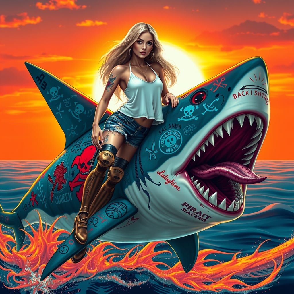 Woman Rides Graffiti Shark in Futuristic Biomechanical Style