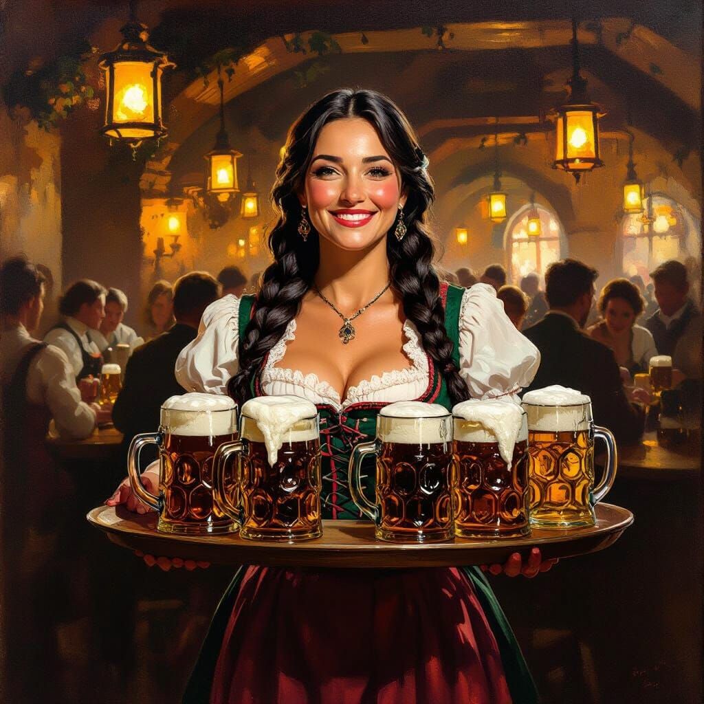 Oktoberfest Barmaid With Beer Steins Oil Painting