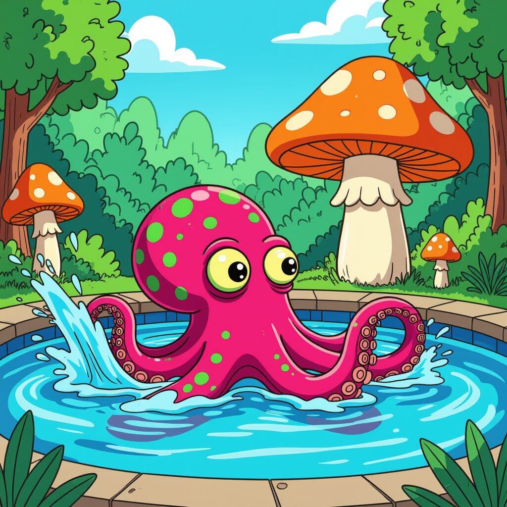 Magenta Octopus in Pool: Cartoon Style Illustration