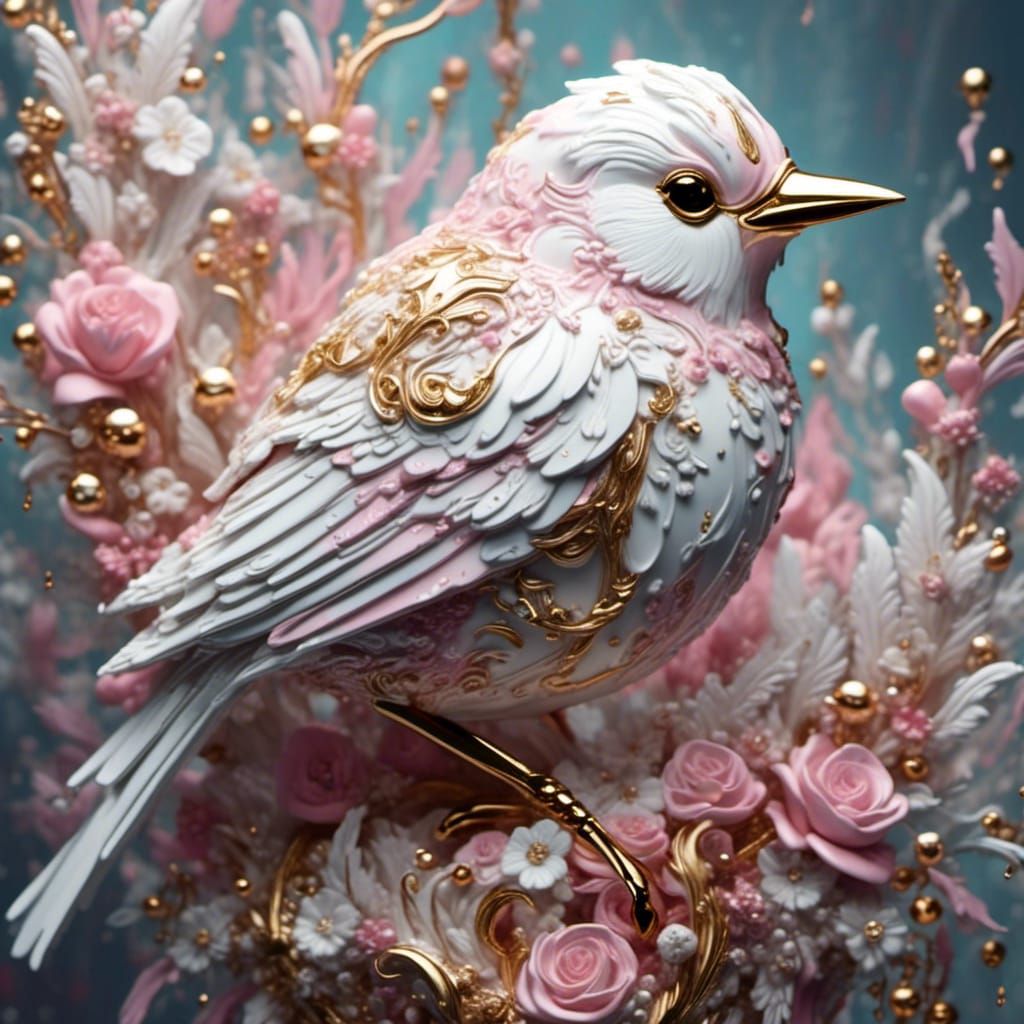 Ornate Porcelain Bird in Polychromatic Graffiti Style