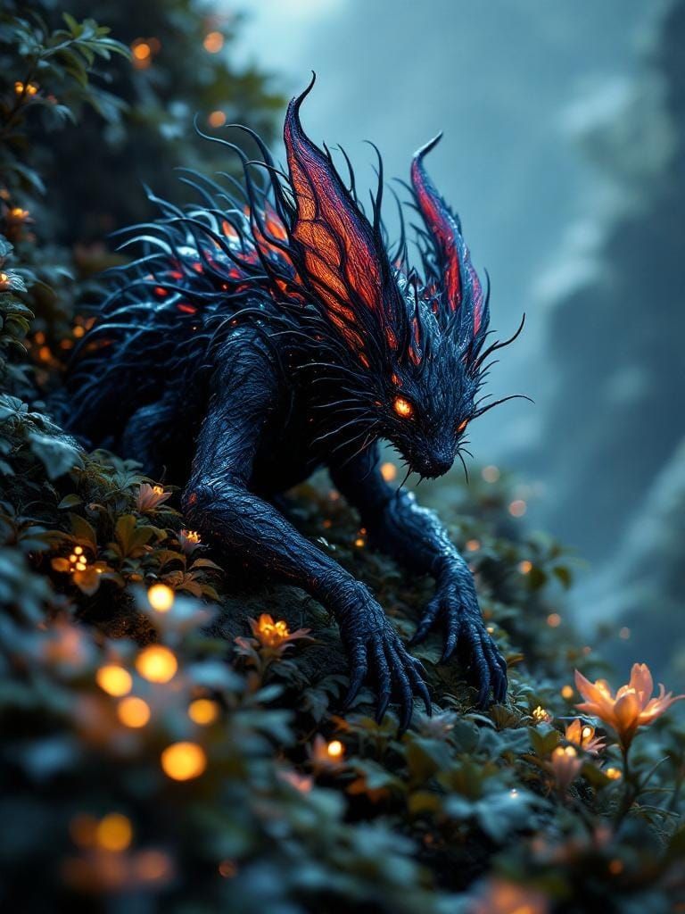 Echidna-Bat Hybrid in Bioluminescent Fantasy Landscape