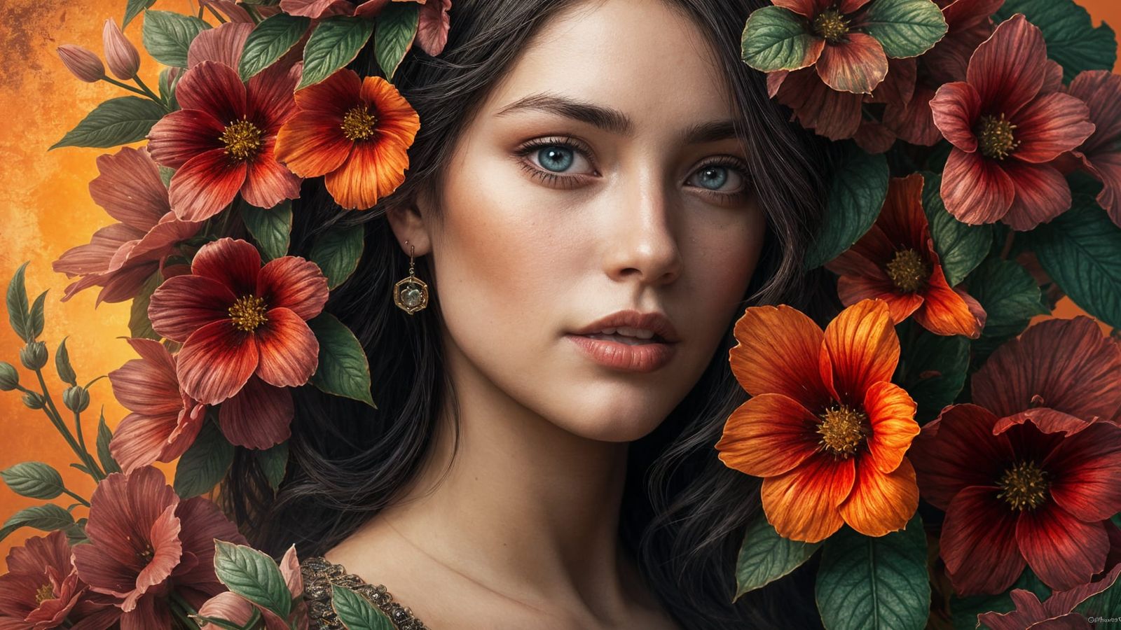Fantastical Portrait of a Woman Among Blooming Flowers in Vi...