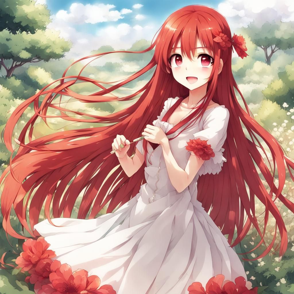 Anime Girl with Long Red Hair in Manga Style