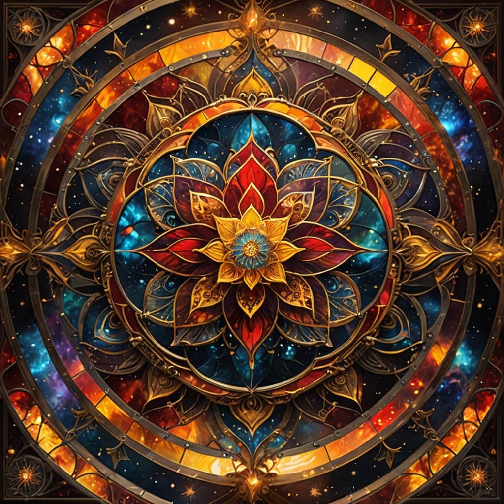 Cosmic Stained Glass Mandalas in Warm Colors