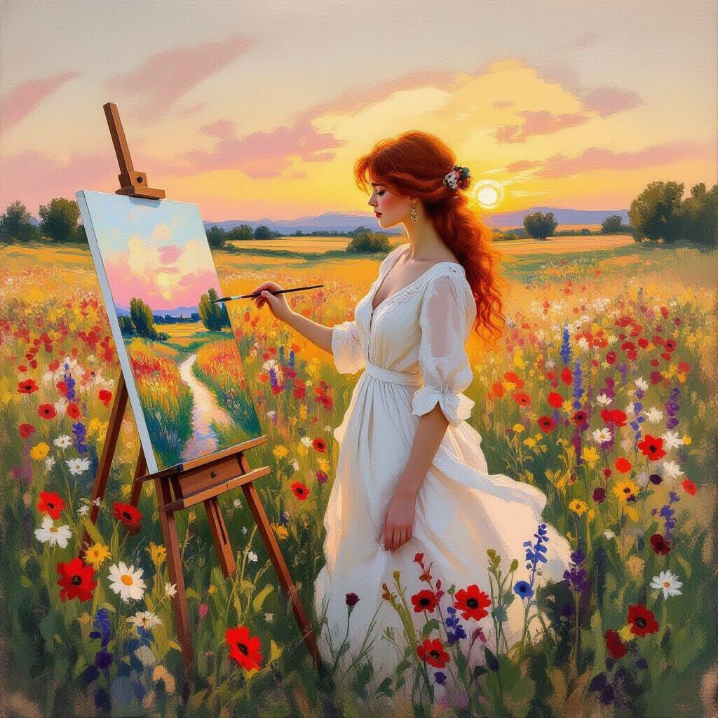 Woman Painting Wildflowers at Sunset in Impressionistic Styl...
