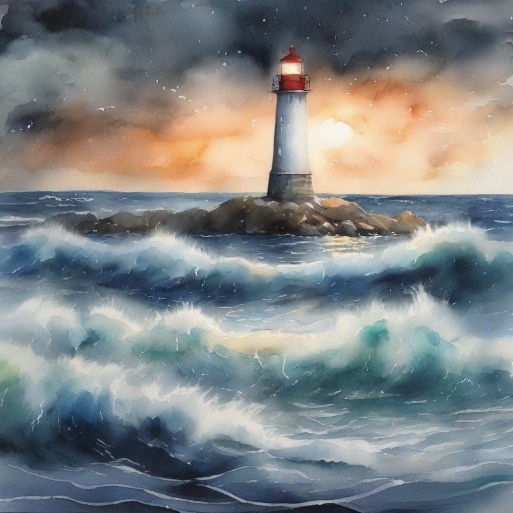 Watercolour Lighthouse in Night Ocean Storm, Sharp Focus