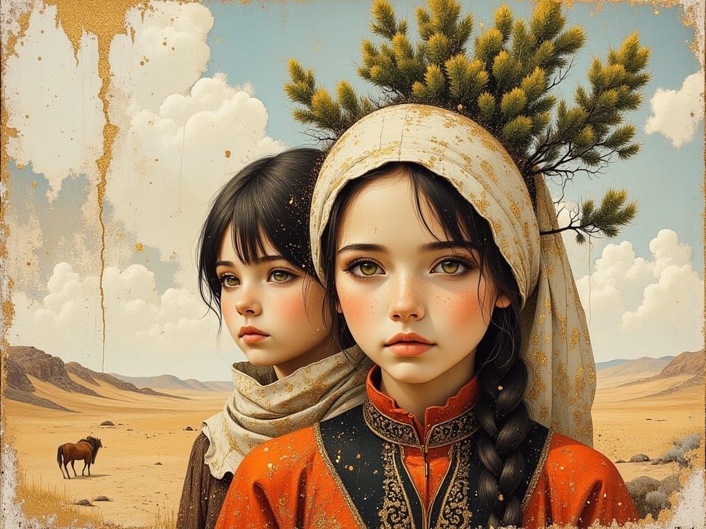 Desert Children Portrait in Volumetric Oil Painting Style