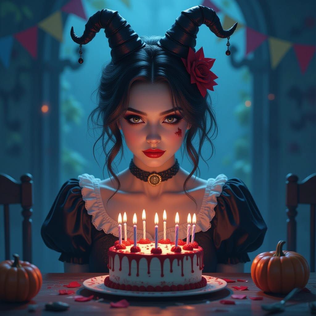 Spooky Birthday Party Scene with Dramatic Lighting