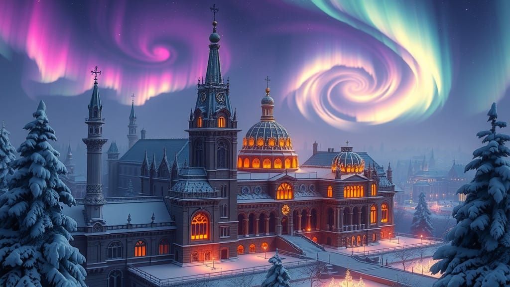 Winter's Majestic Cityscape: Gothic Spires under Aurora Bore...