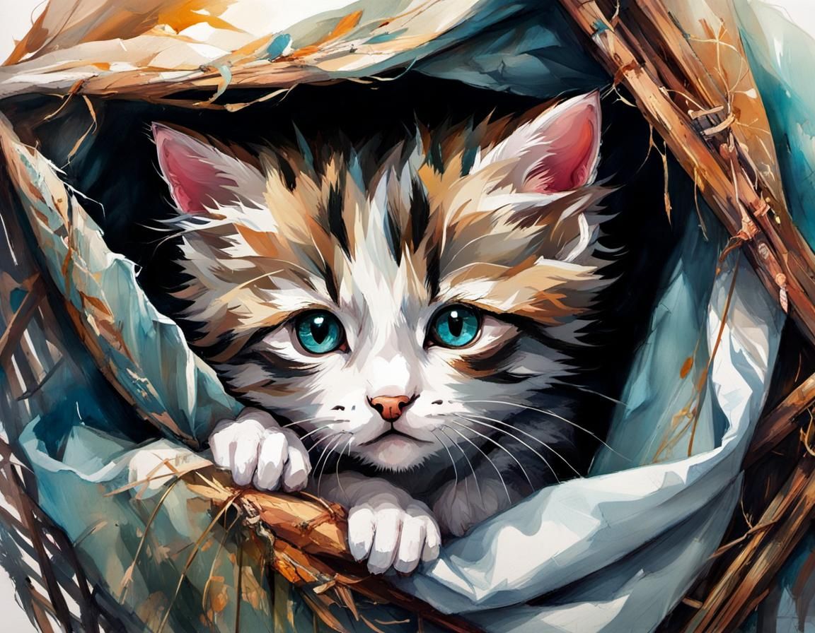 Sad Chibi Kitten Hiding in Shelter Cage