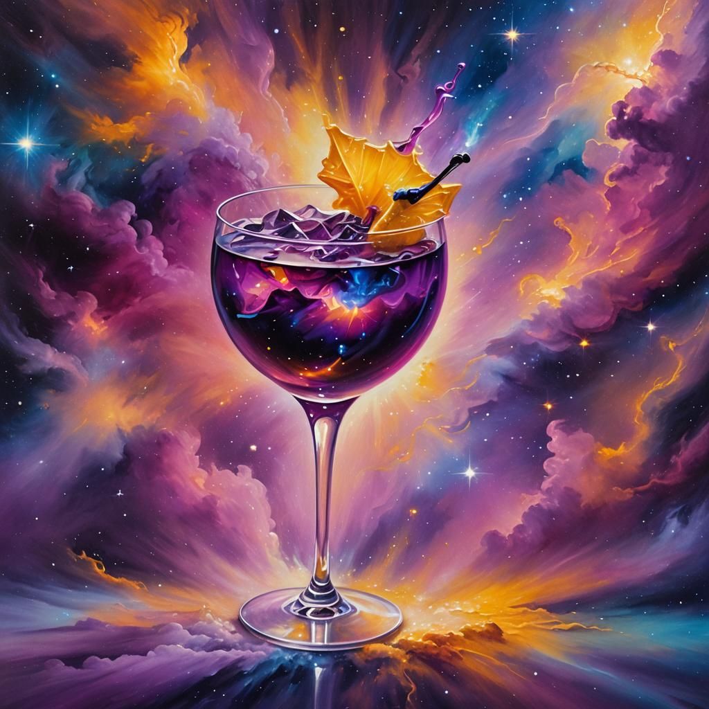 Glowing Star Cocktail in Space, Vibrant Oil Painting