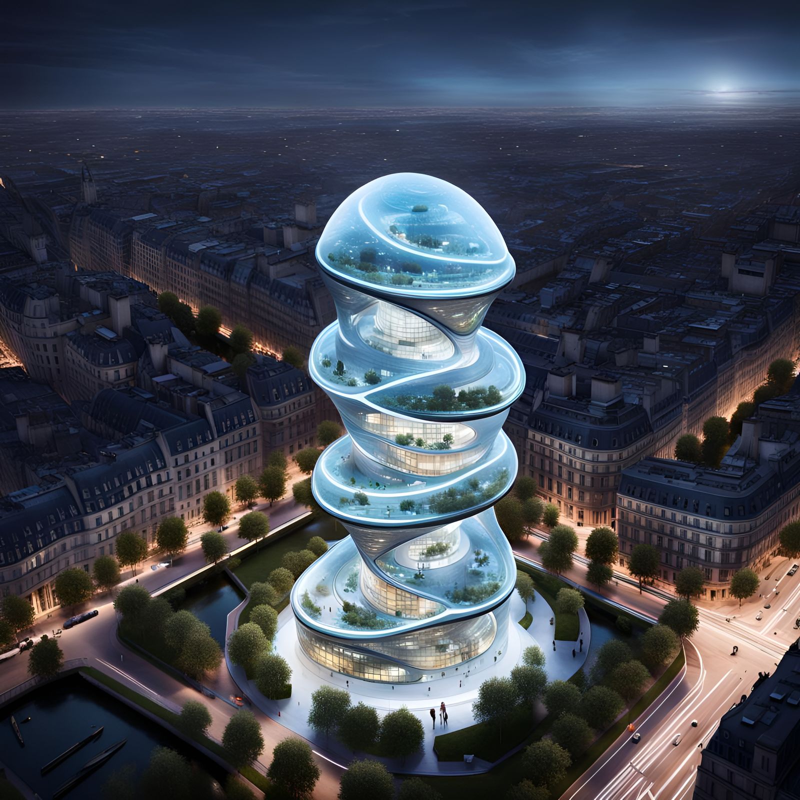 Bioluminescent Sci-Fi Tower Dominates Paris in Hyperrealism