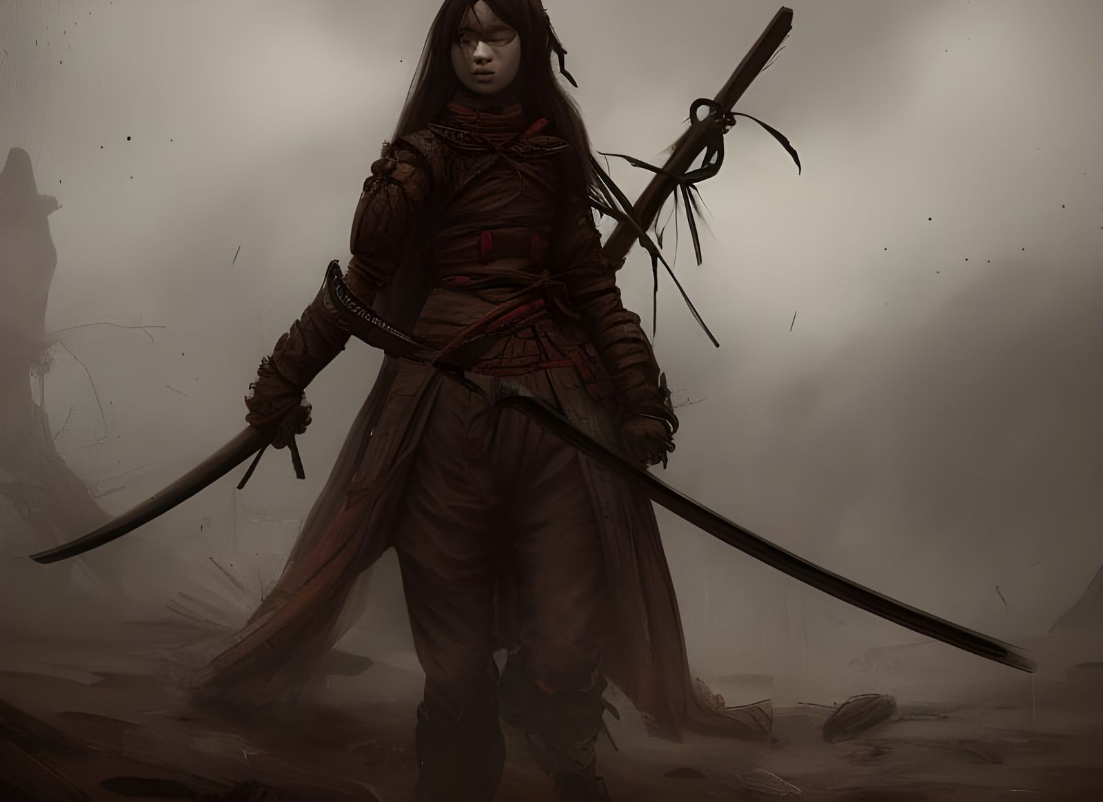 A female samurai exploring a desolate wasteland.