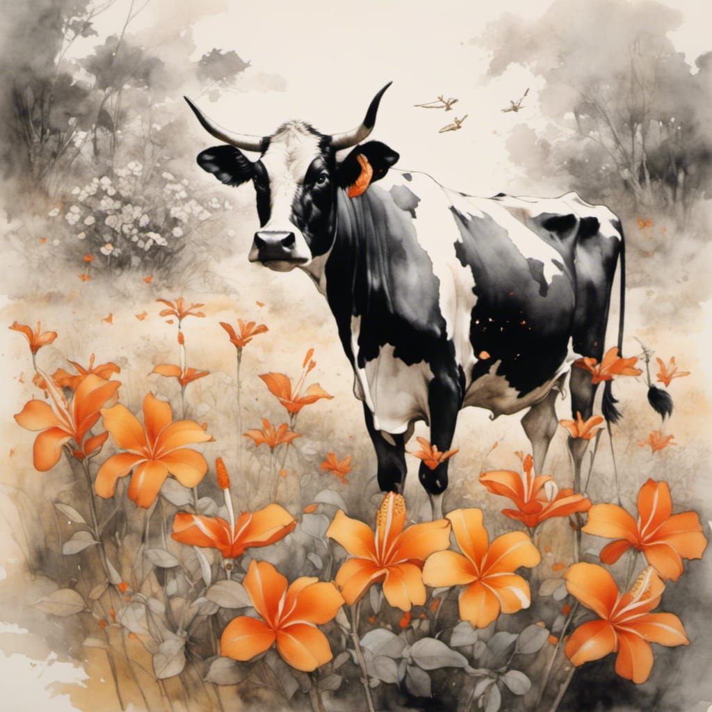 Dancing Cow in Plumeria Field, Black and White Sketch