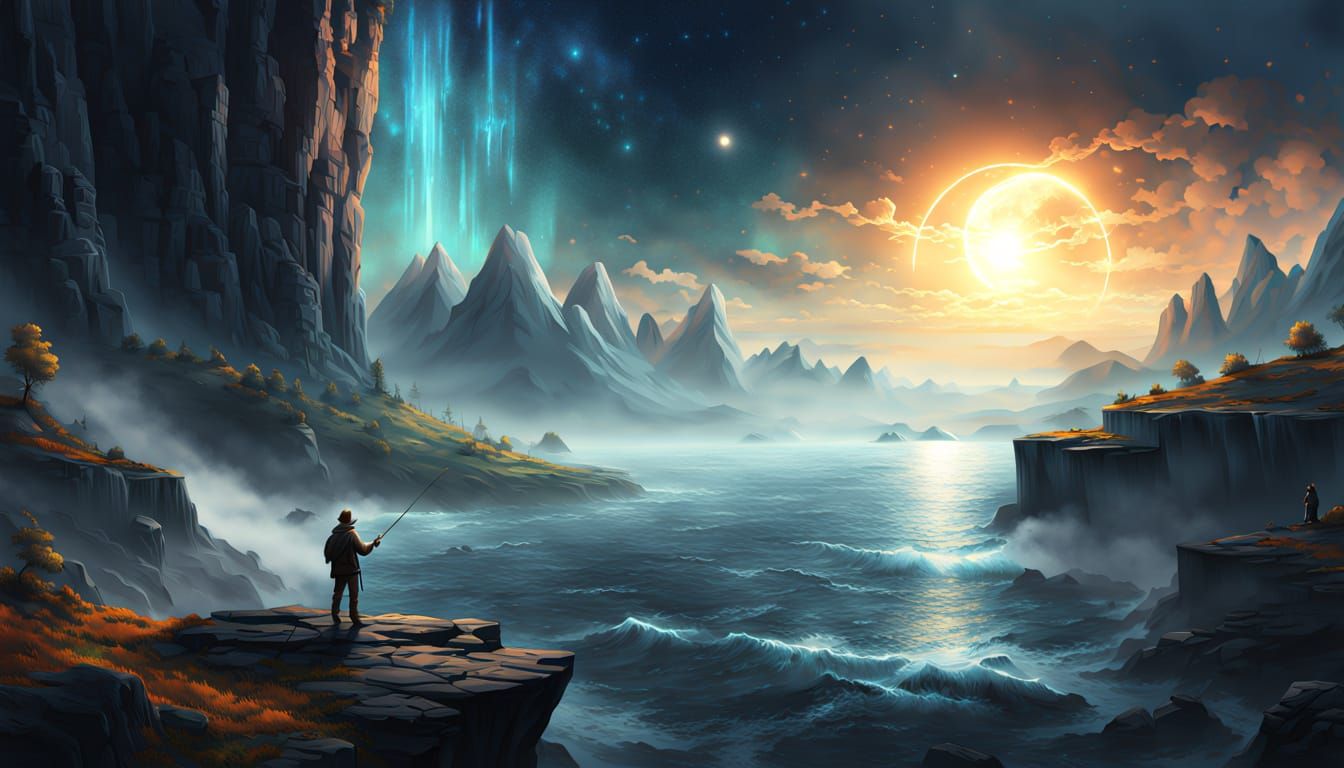 Epic Fantasy Fisherman with Cosmic Sky