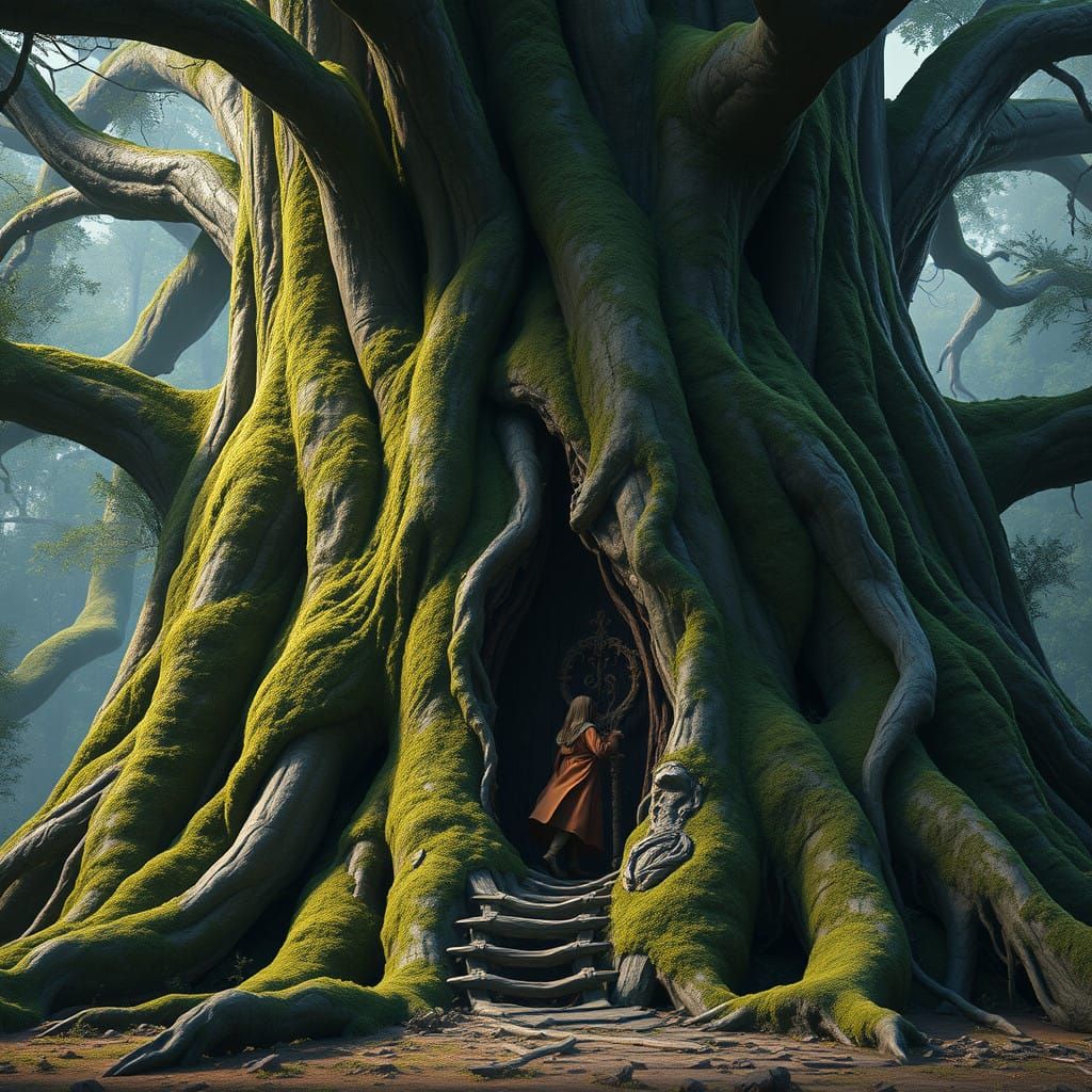 Ancient Treehouse Entrance in Fantasy Landscape