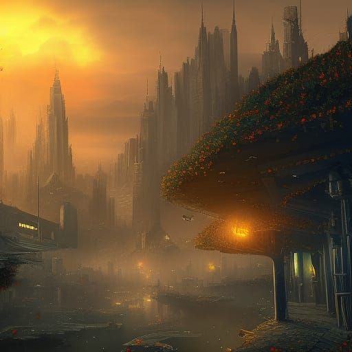 Dark Sunset Cityscape with Butterflies