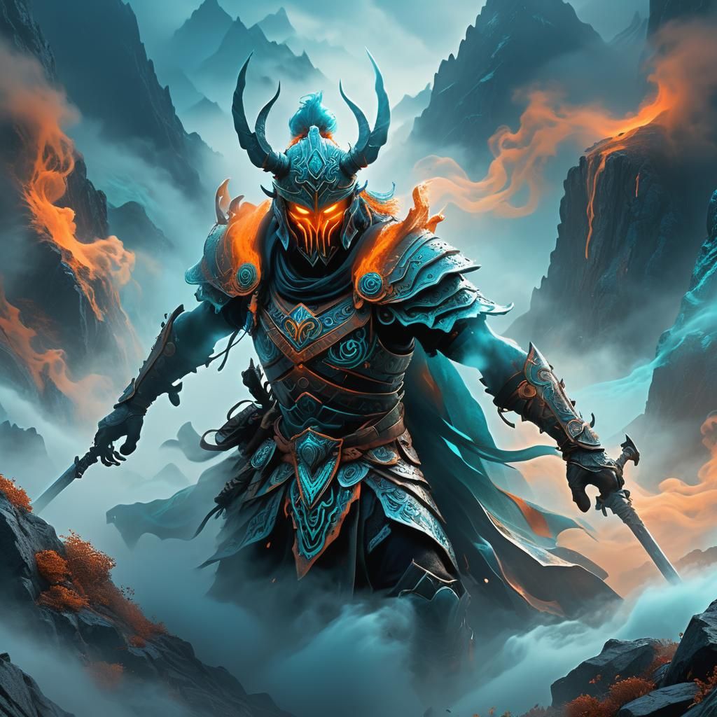 Haunted Warrior in Misty Mountains: Dark Fantasy Art