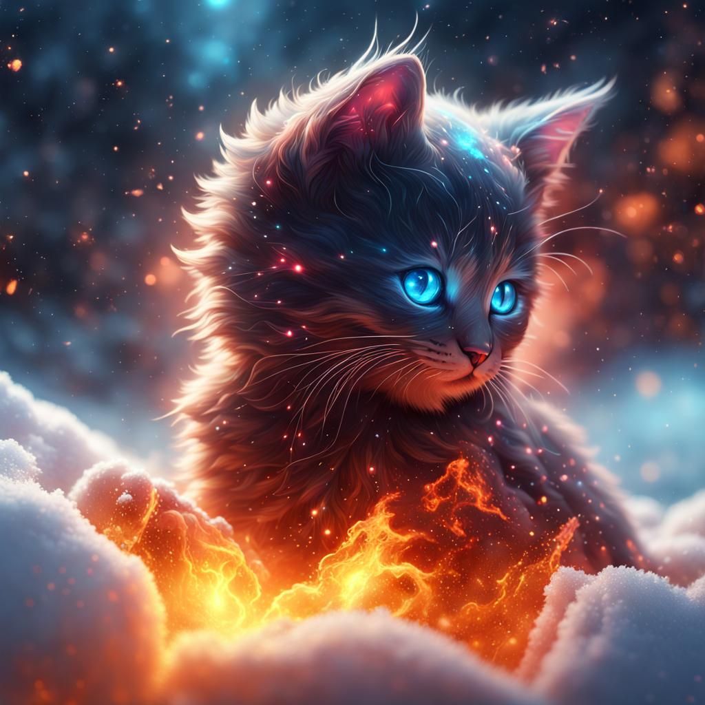 Glowing Fire Kitten in Galactic Snow: Fantasy Art