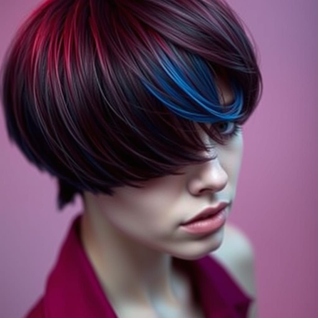 Maroon Haired Woman with Blue Highlights, Dreamy Portrait