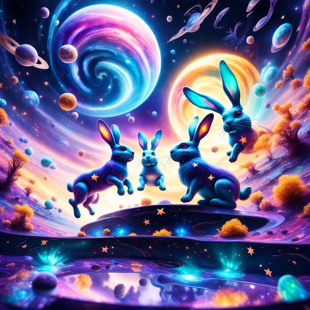Surreal Galaxy Bunnies in Cosmic Dreamscape