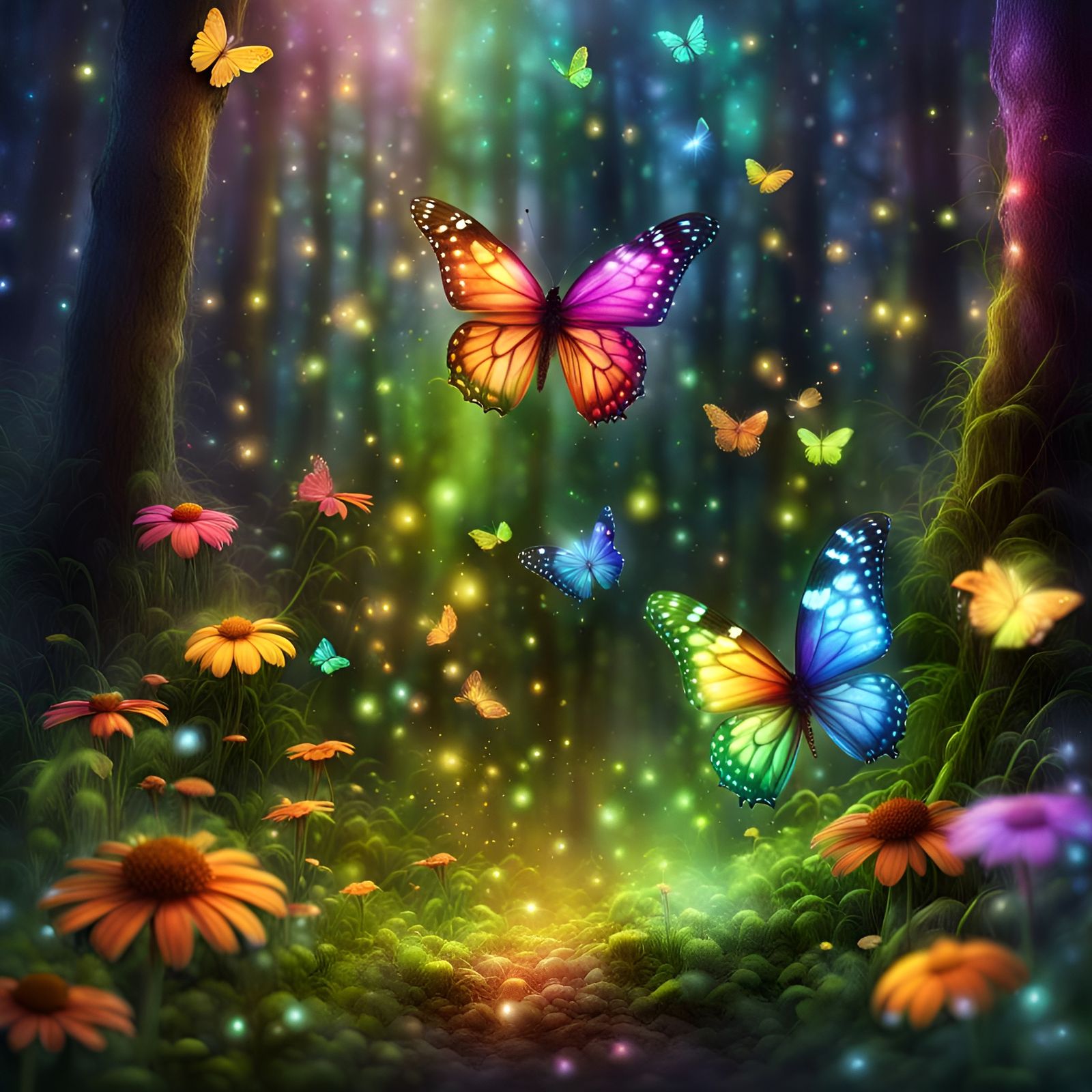 Rainbow Butterflies Dance in Enchanted Forest
