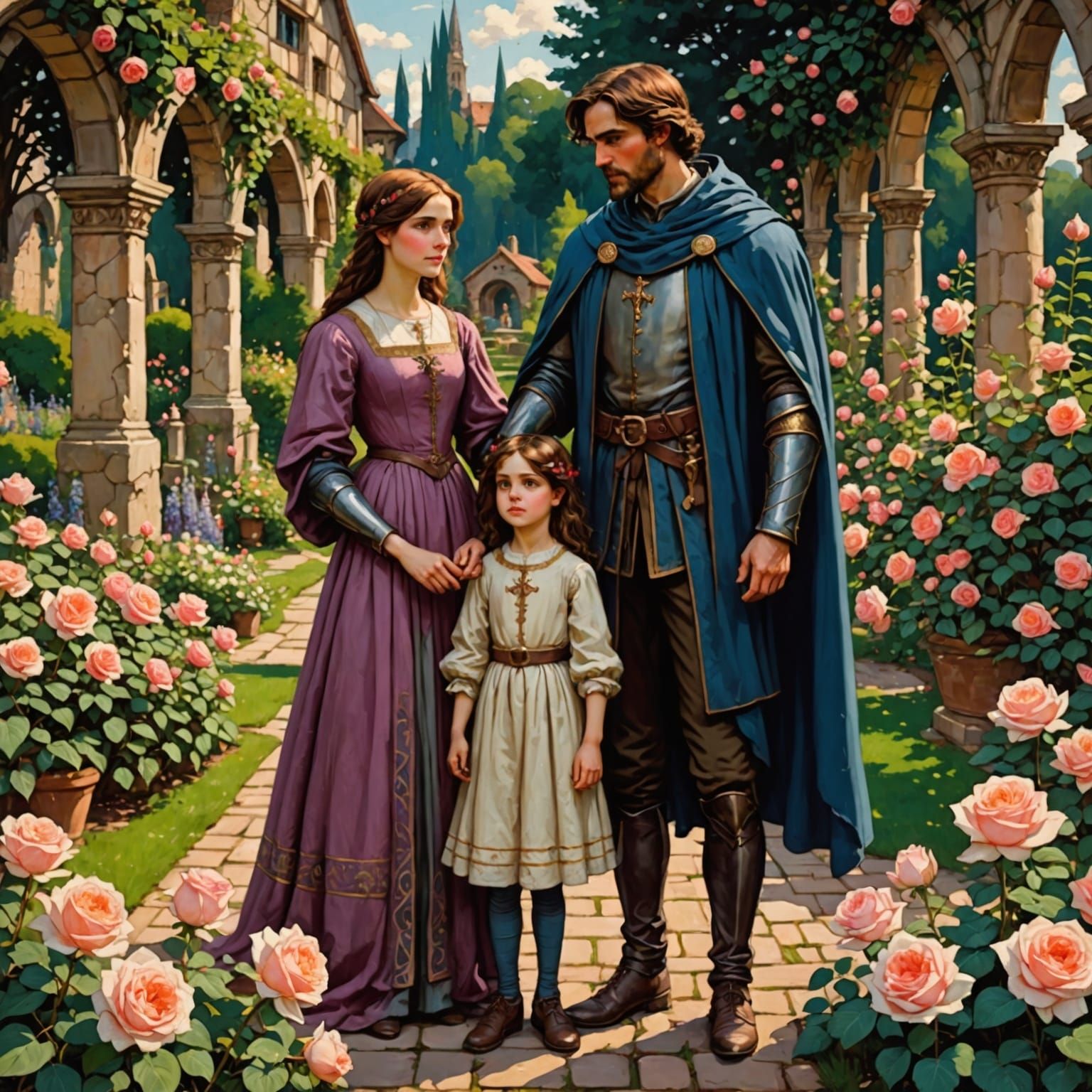 Medieval Family in Rose Garden, Waterhouse Style