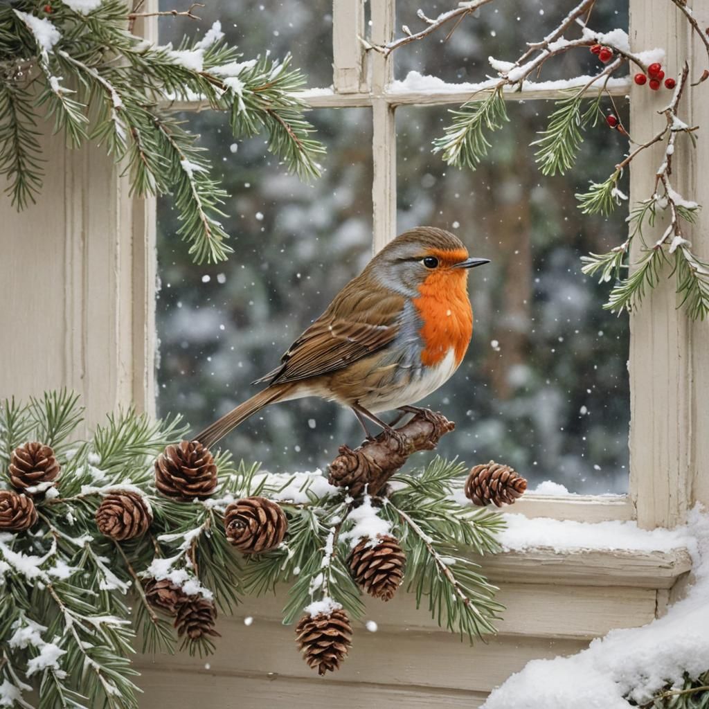Festive Red Robin on a Snowy Windowsill