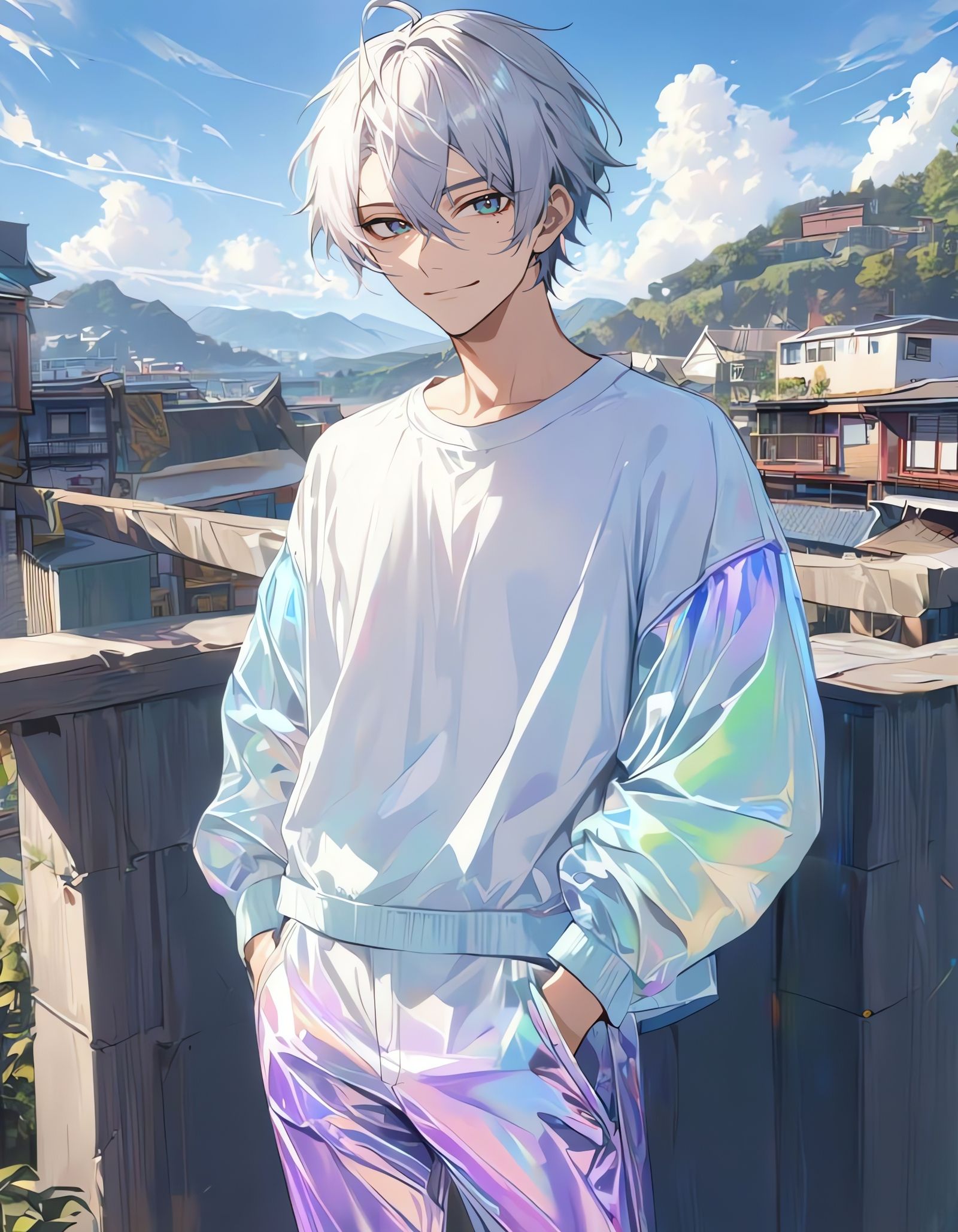Surreal Cowboy Bishounen Admires a Vibrant Cloudy Sky