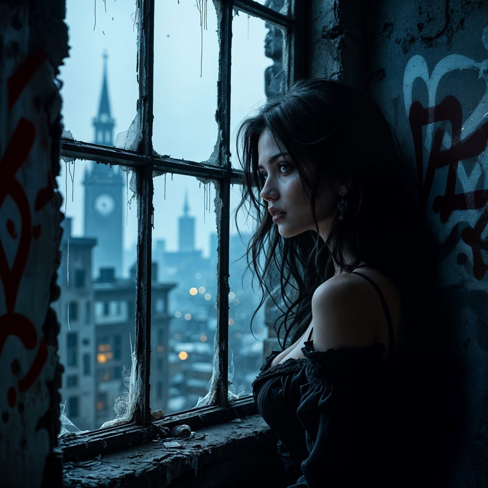 Gothic Beauty Gazes From Shadowed Window Over Urban Decay
