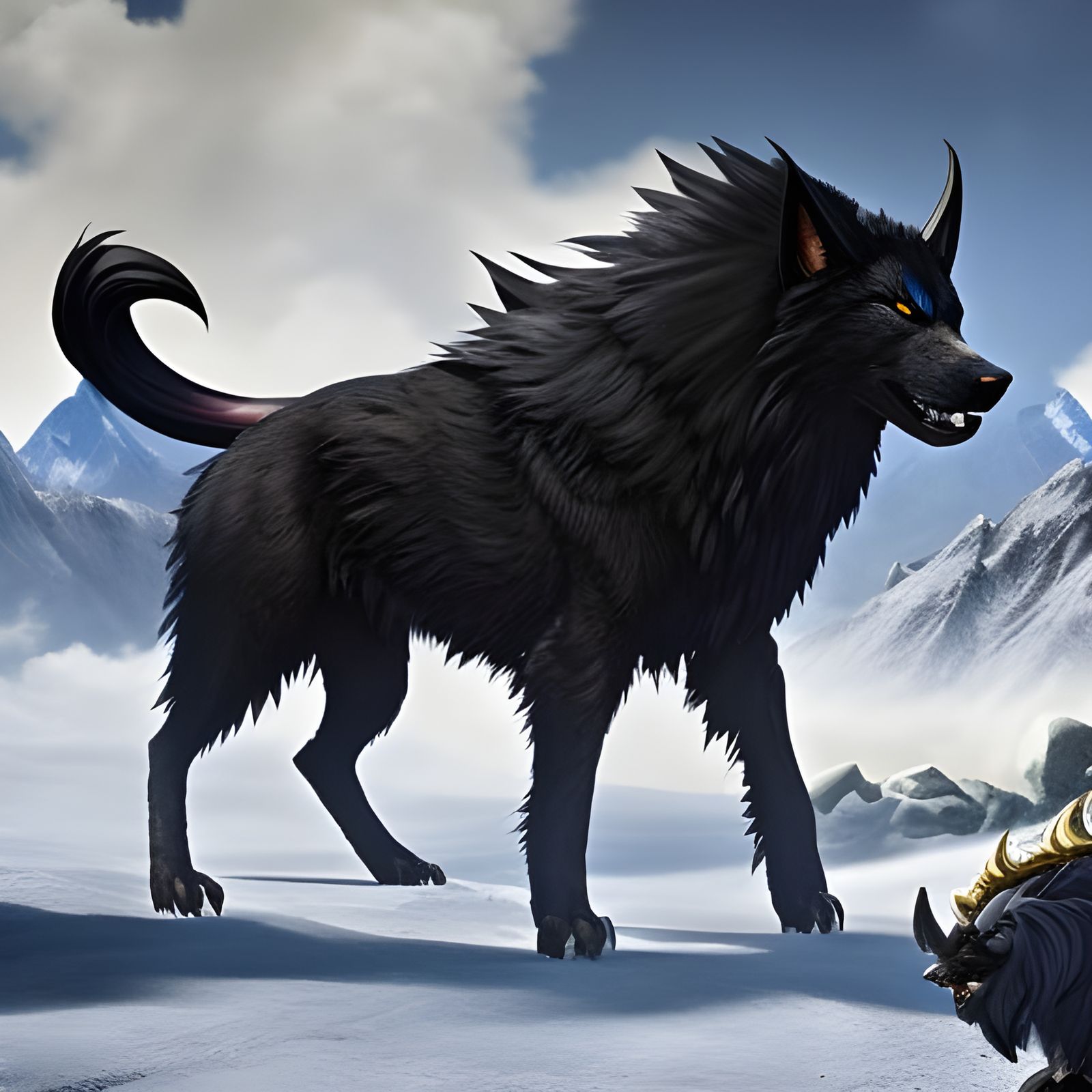 Epic Black Canine Fantasy Creature in Snowy Landscape