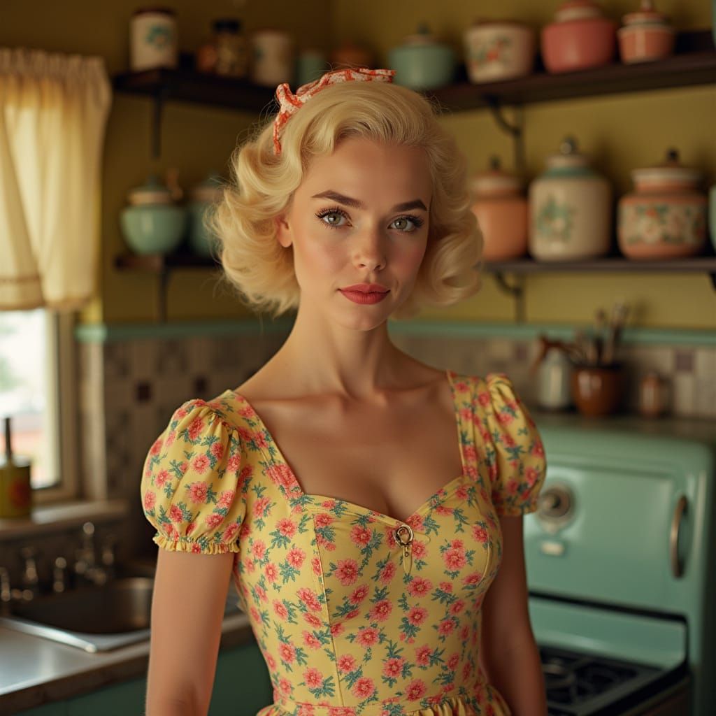 Nostalgic 1940s Kitchen Scene in the Style of Norman Rockwel...