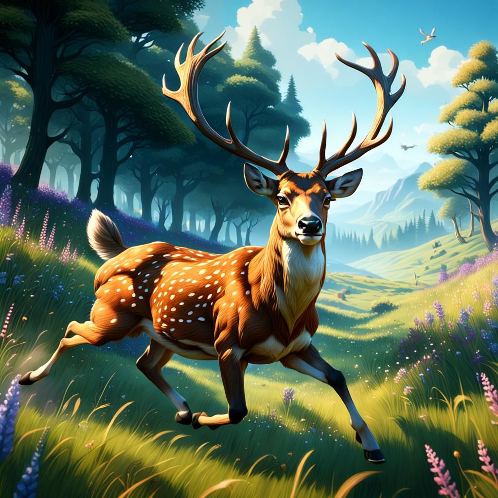 Deer Running Through Meadows: Detailed Matte Painting