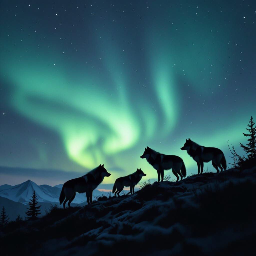 Wolves Hunting Under Aurora Borealis on Ridgeline