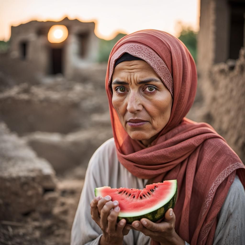 Contemplative Middle Eastern Woman in War-Torn Village