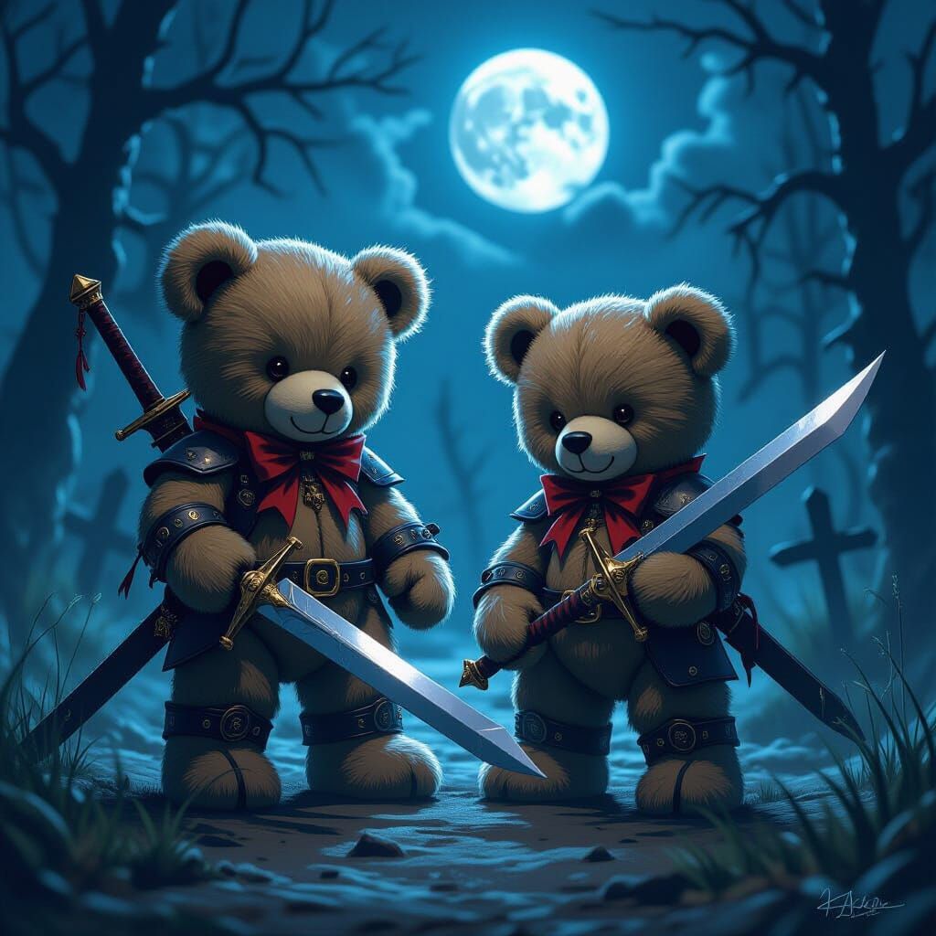 Violent Teddy Bears with Swords in Dark Night Scene