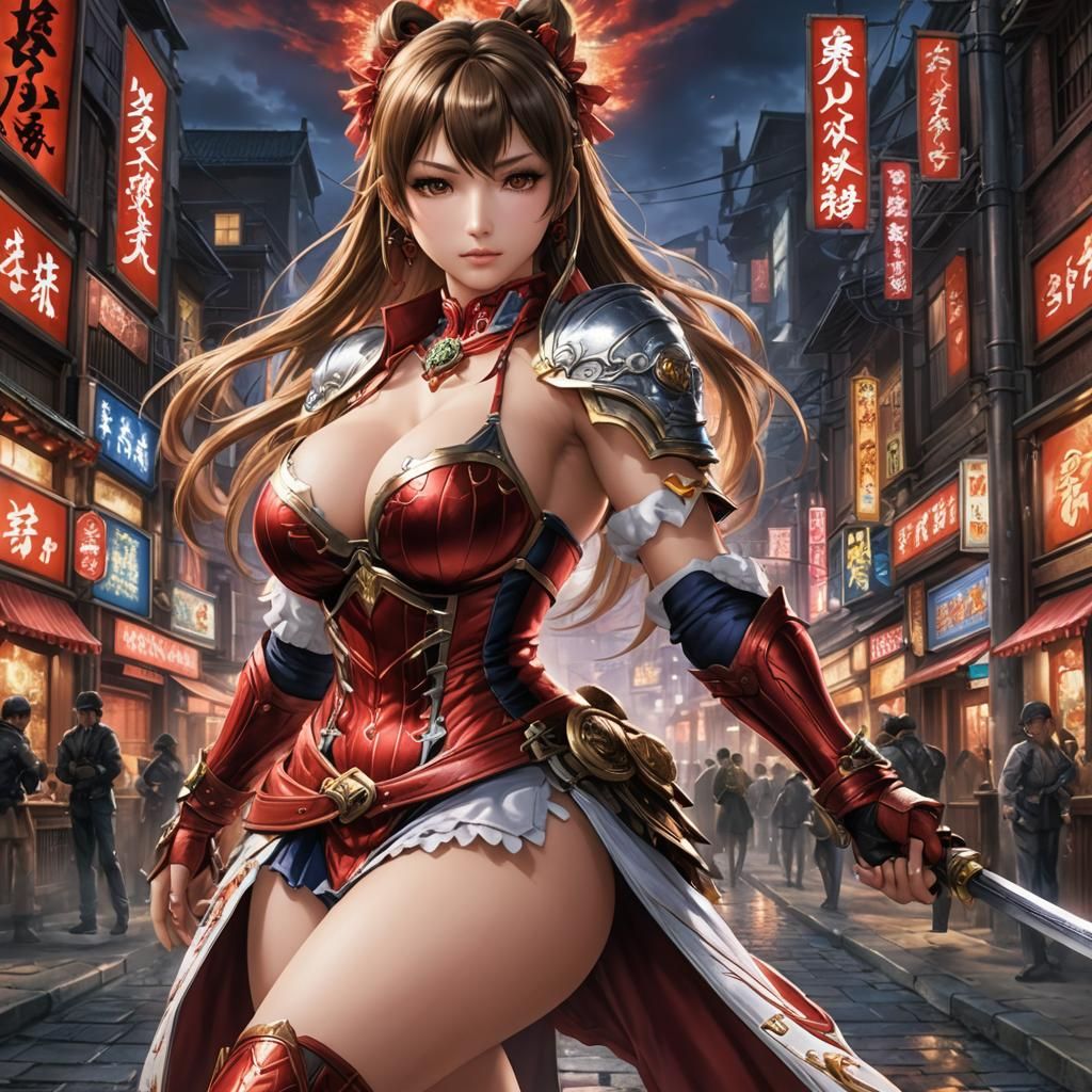 Beautiful risqué skimpy flirtatious oppai setsuka from soul calibur. Japanese red light district in background. intricat...